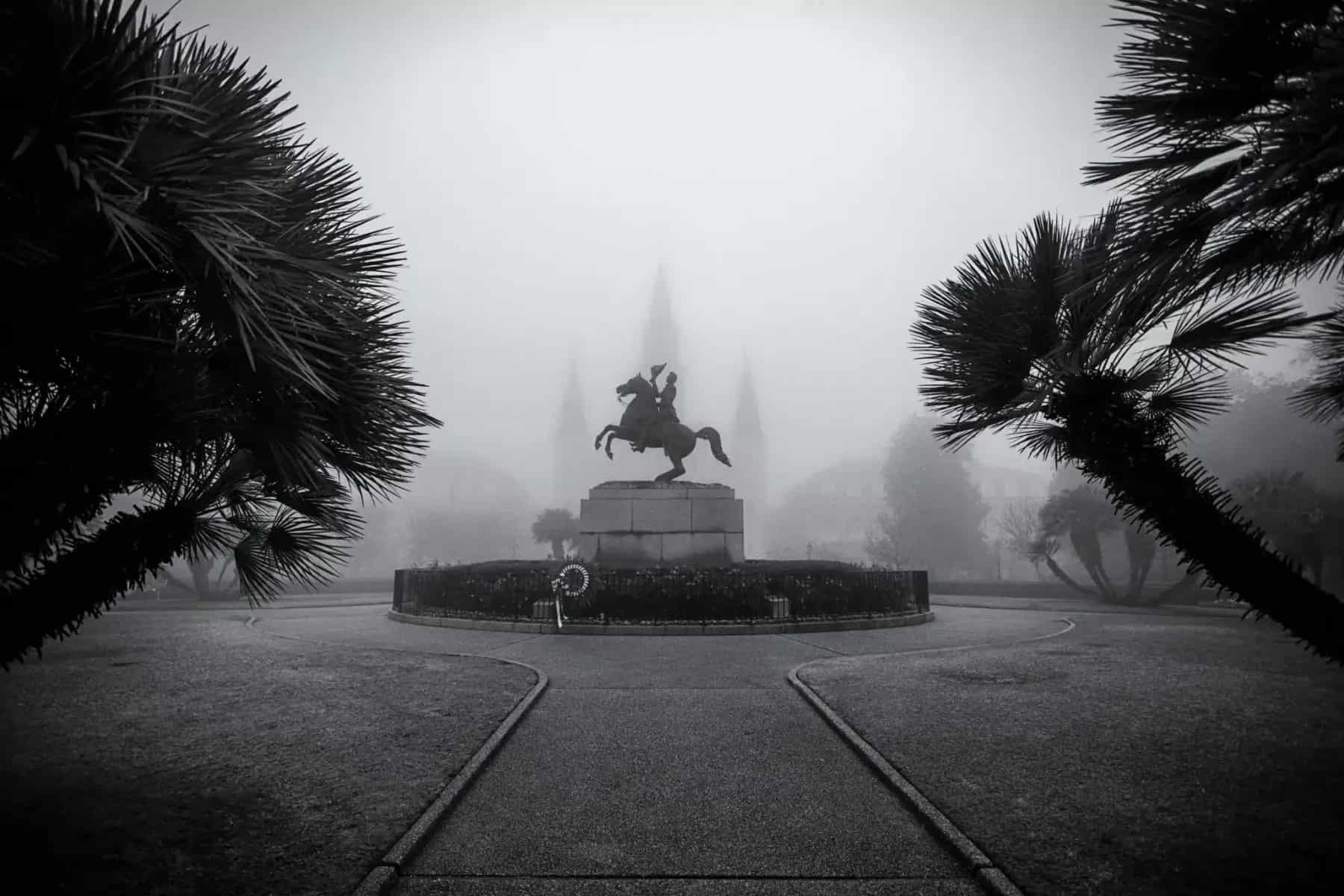 Jackson Square shrouded in fog at night in New Orleans