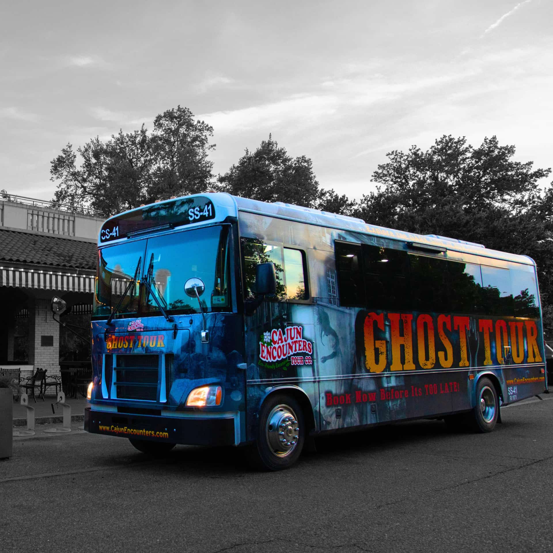 A dramatic image of our ghost bus tour in the French Quarter, New Orleans
