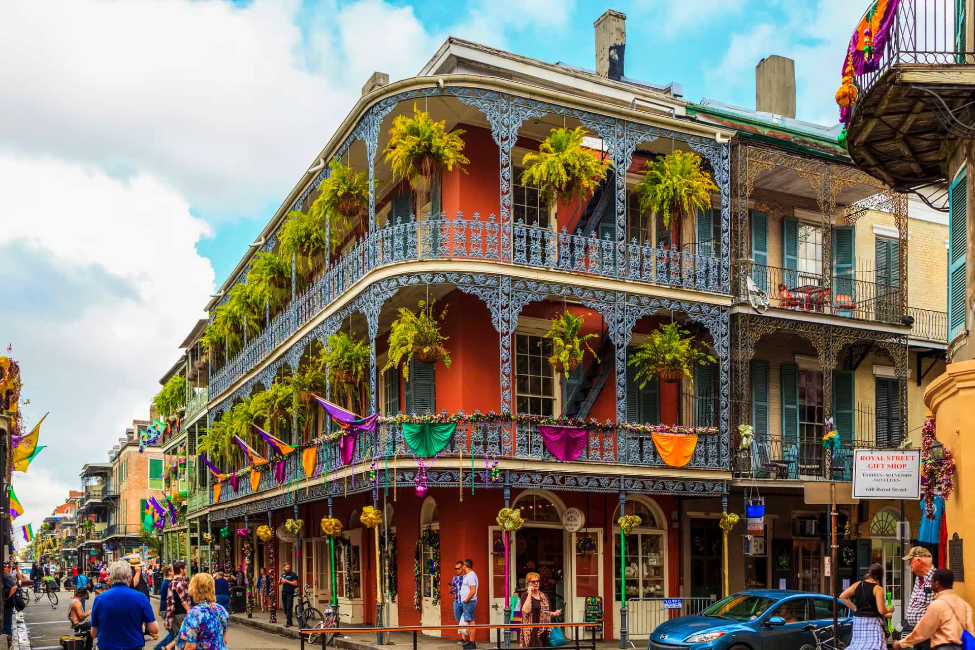 Royal Street decorated for Mardi Gras in New Orleans