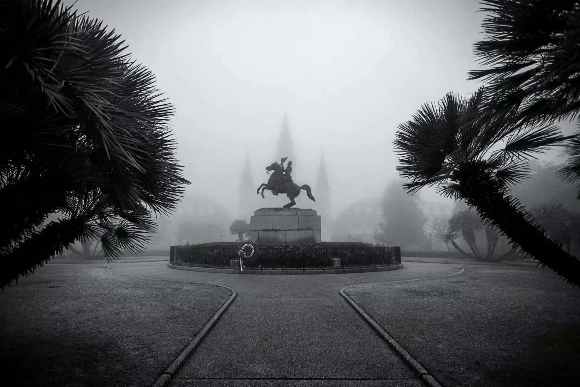 Jackson Square shrouded in fog at night