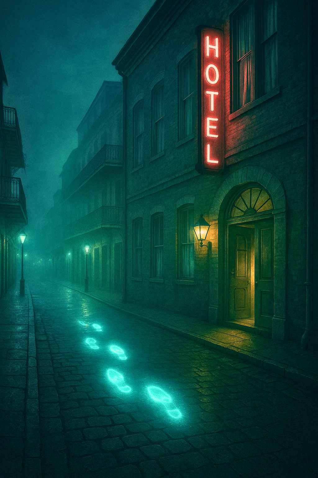 Ghostly footsteps illuminating down a New Orleans street