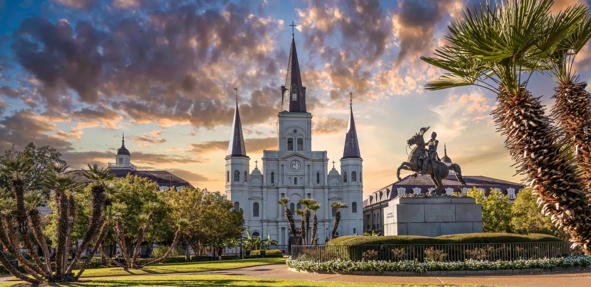 The St Luis Cathedral in New Orleans in front of an October Sunset.