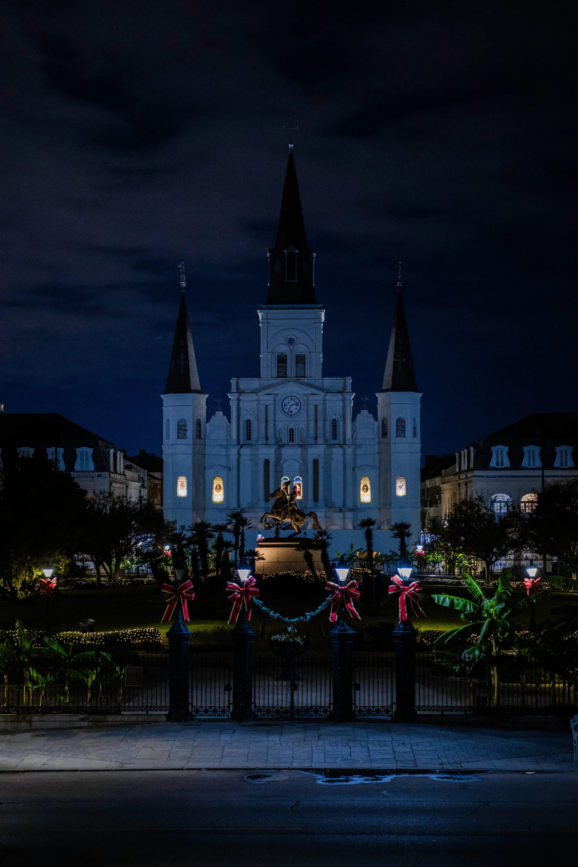 St. Louis Cathedral at night in Jackson Square