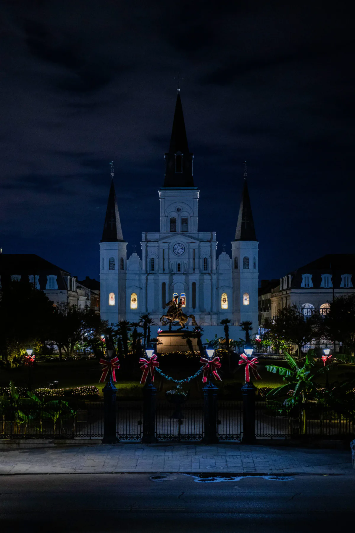 St. Louis Cathedral at night in Jackson Square