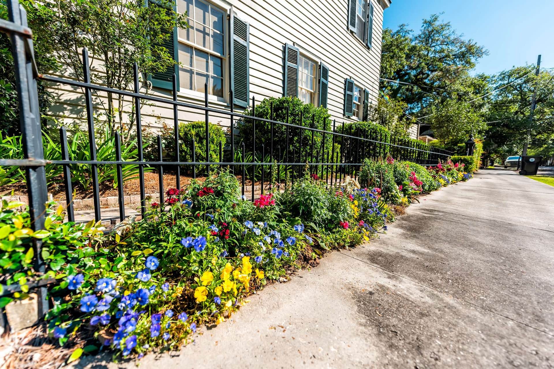 New Orleans Garden District tours sidewalk lined with flowering plants
