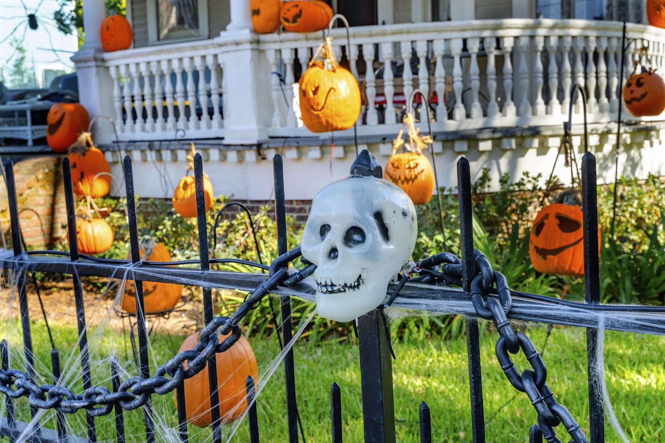 Halloween Pumpkins and Skull Decorations on a Black Fence During New Orleans Halloween Events